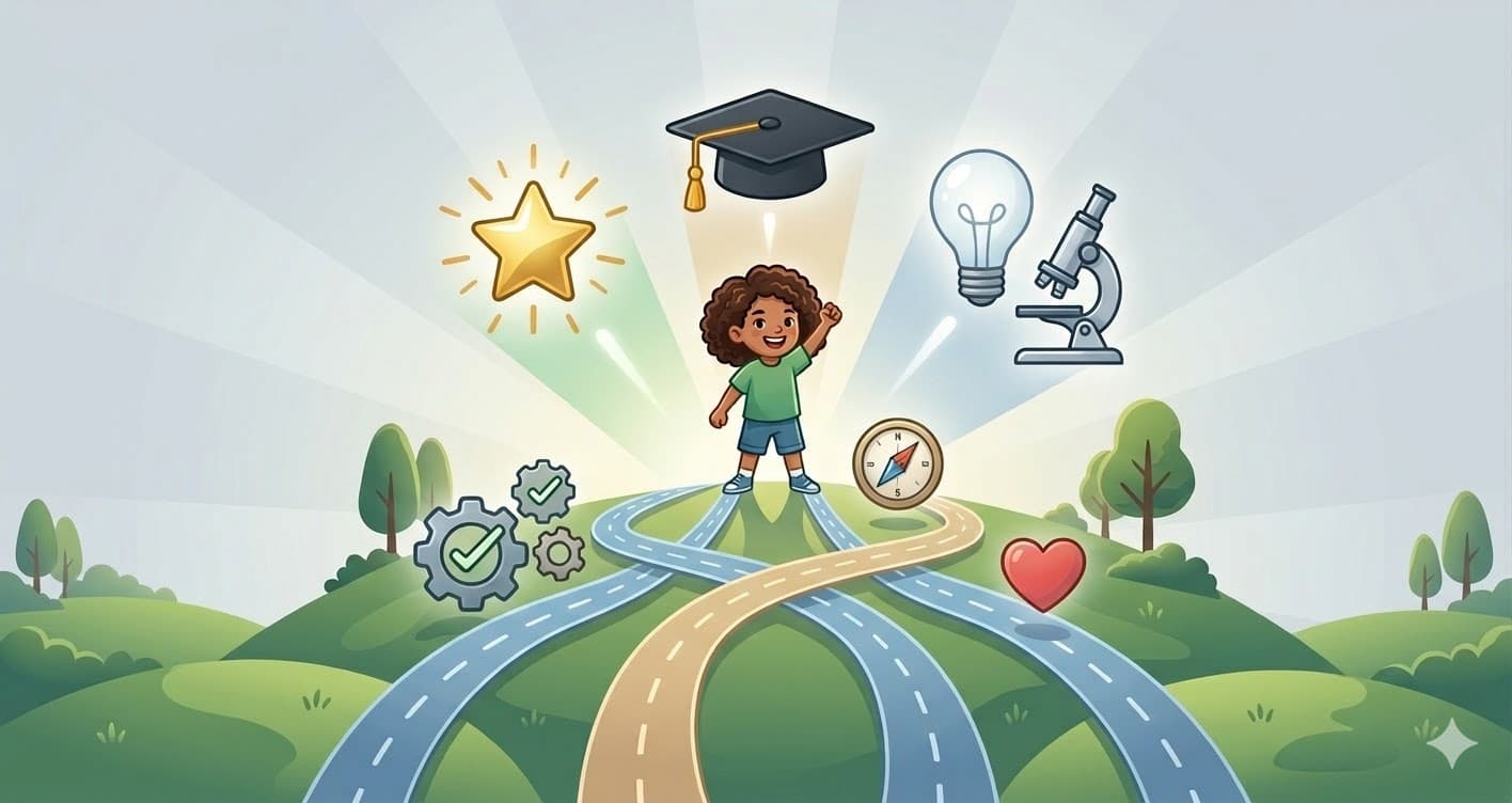 Child standing at the center of multiple developmental paths