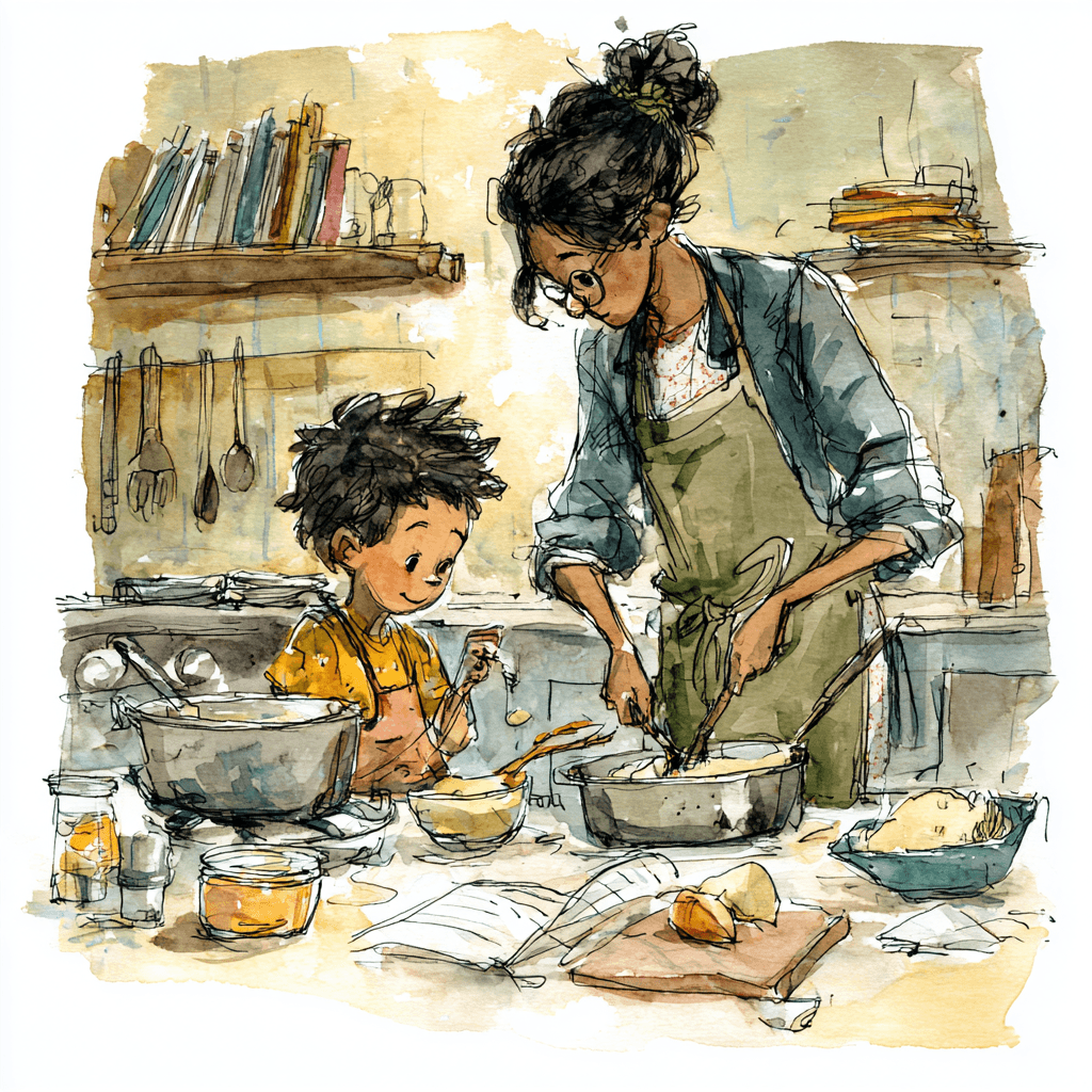 A kid cooking with a parent