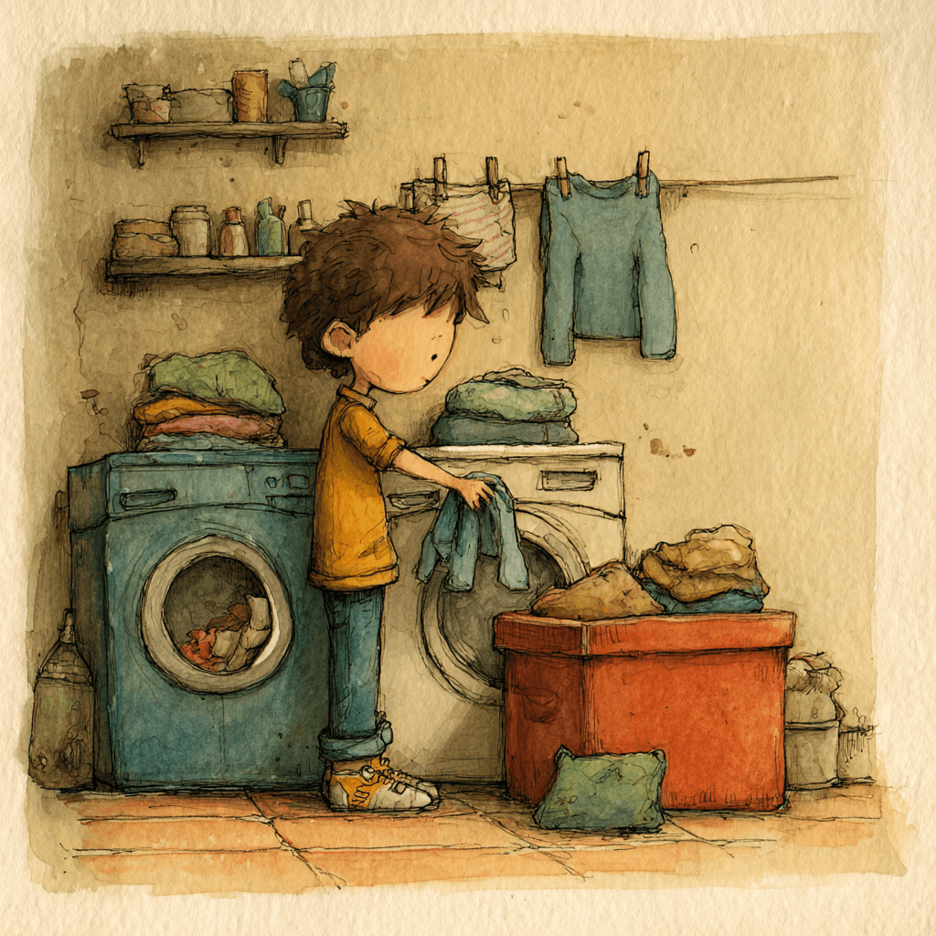 A kid putting laundry away
